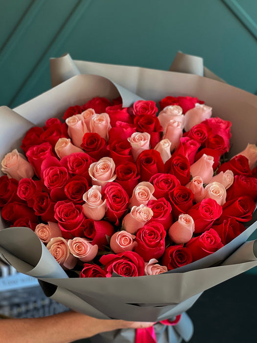 75 Roses Bouquet – Hot Pink, Pink, and Red Roses