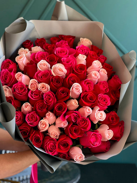 75 Roses Bouquet – Hot Pink, Pink, and Red Roses
