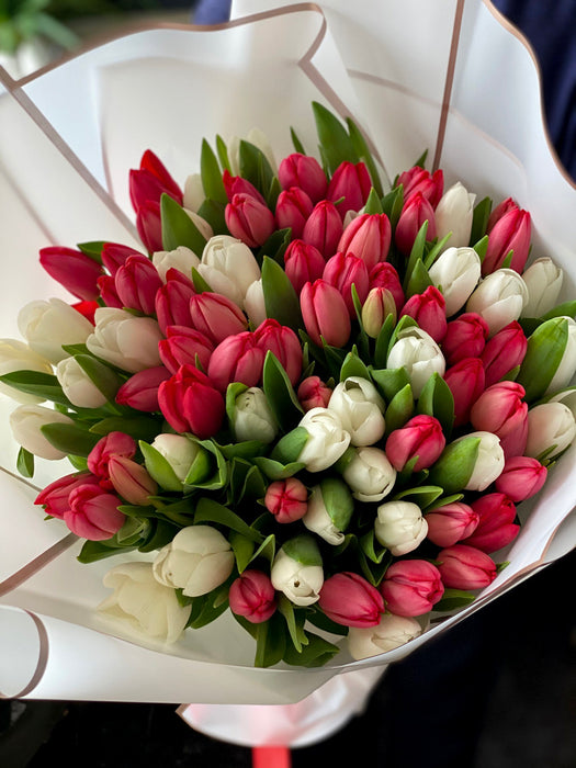 50 White and Red Tulips Hand-Crafted Bouquet