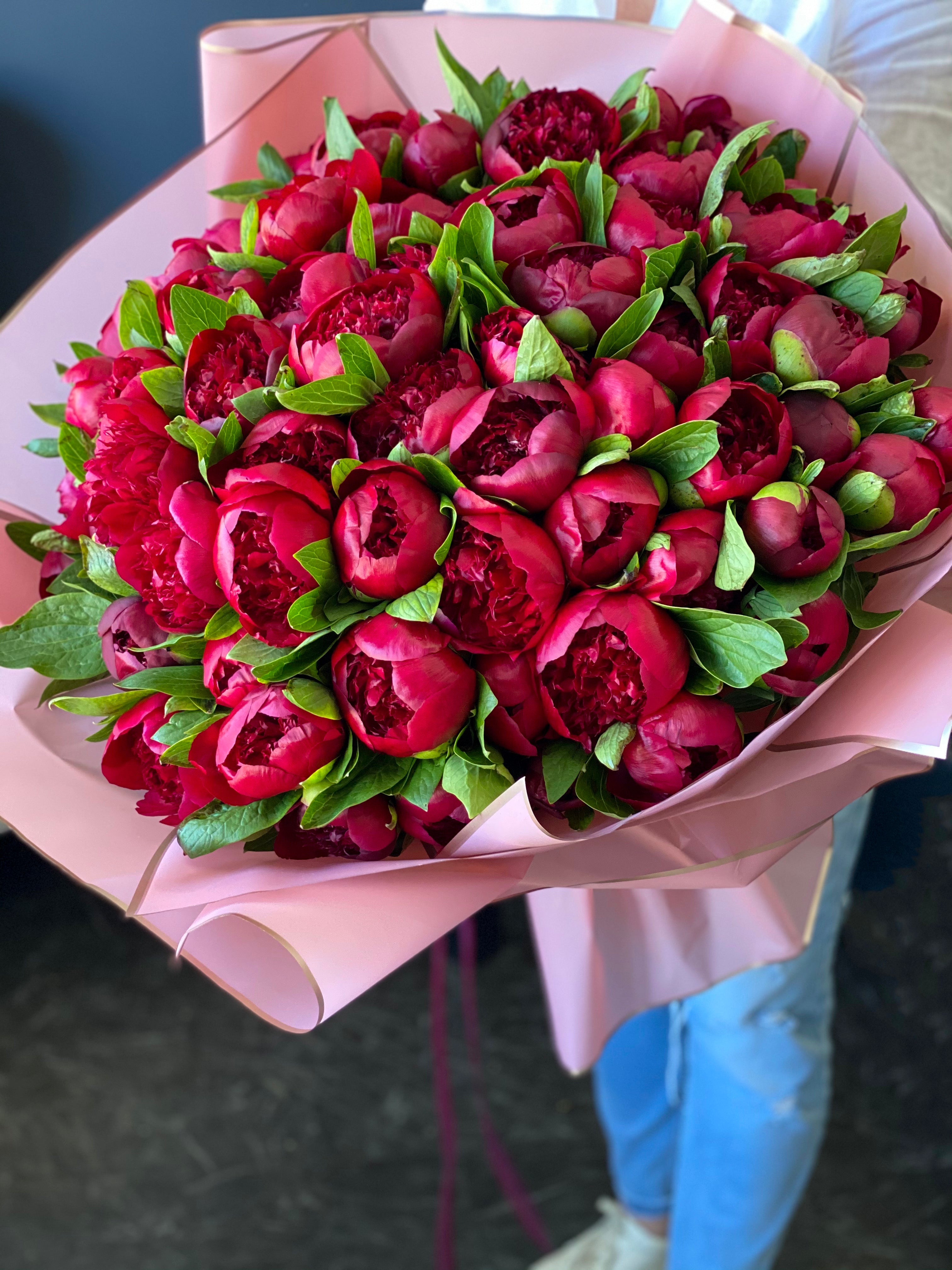 100 burgundy peonies handcrafted in Miami Beach