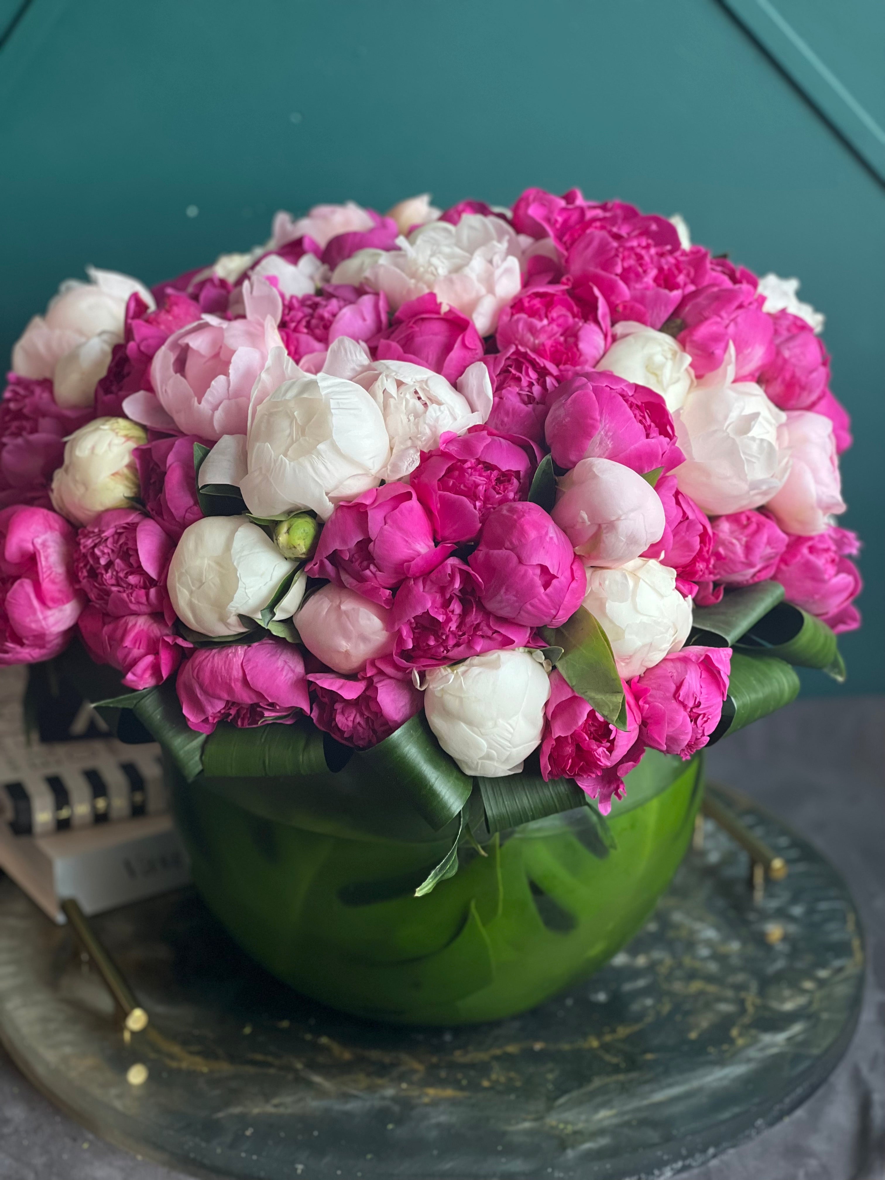100 peonies arrangement in pink and white
