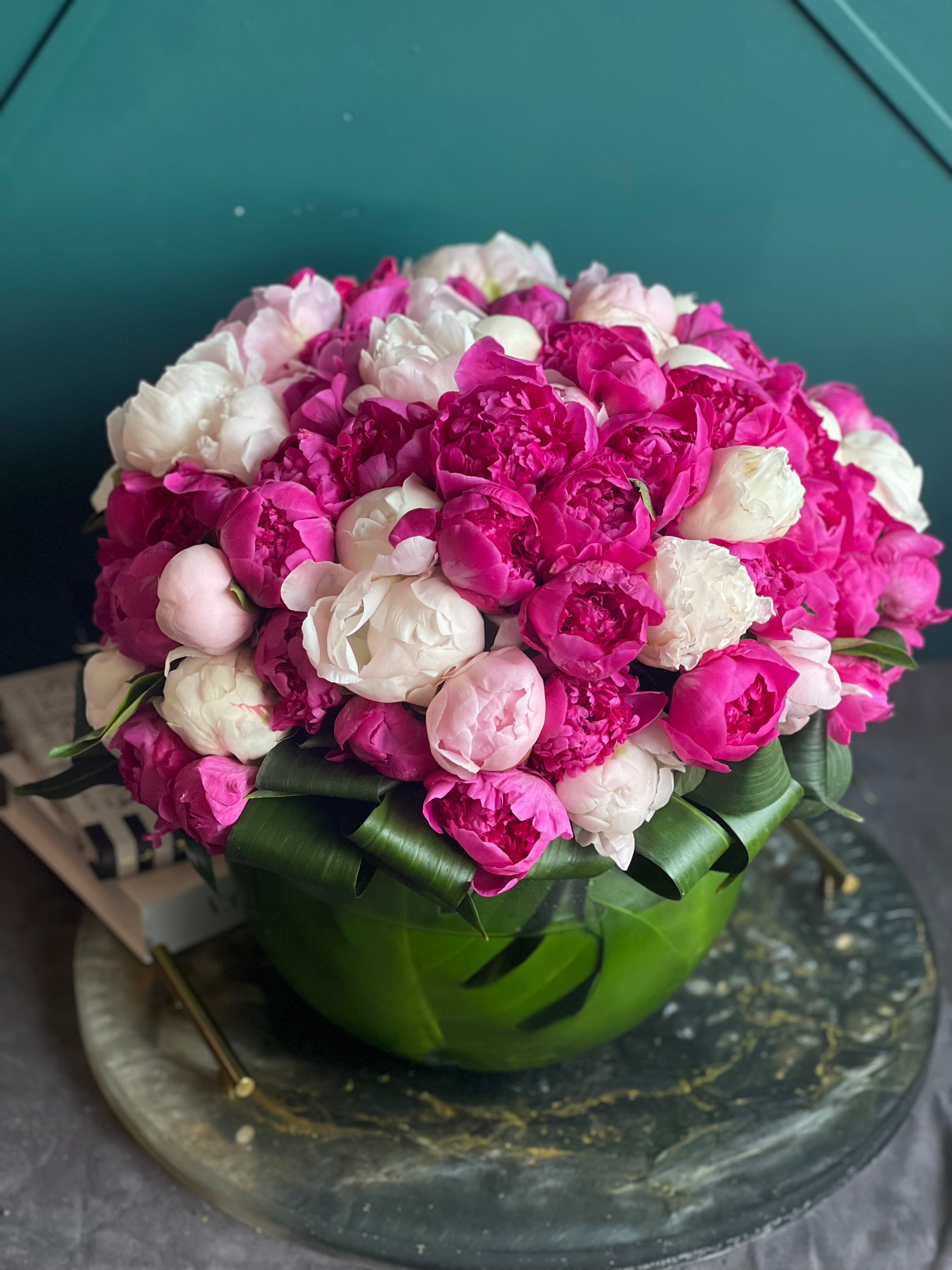100 pink and white peonies handcrafted in Miami Beach