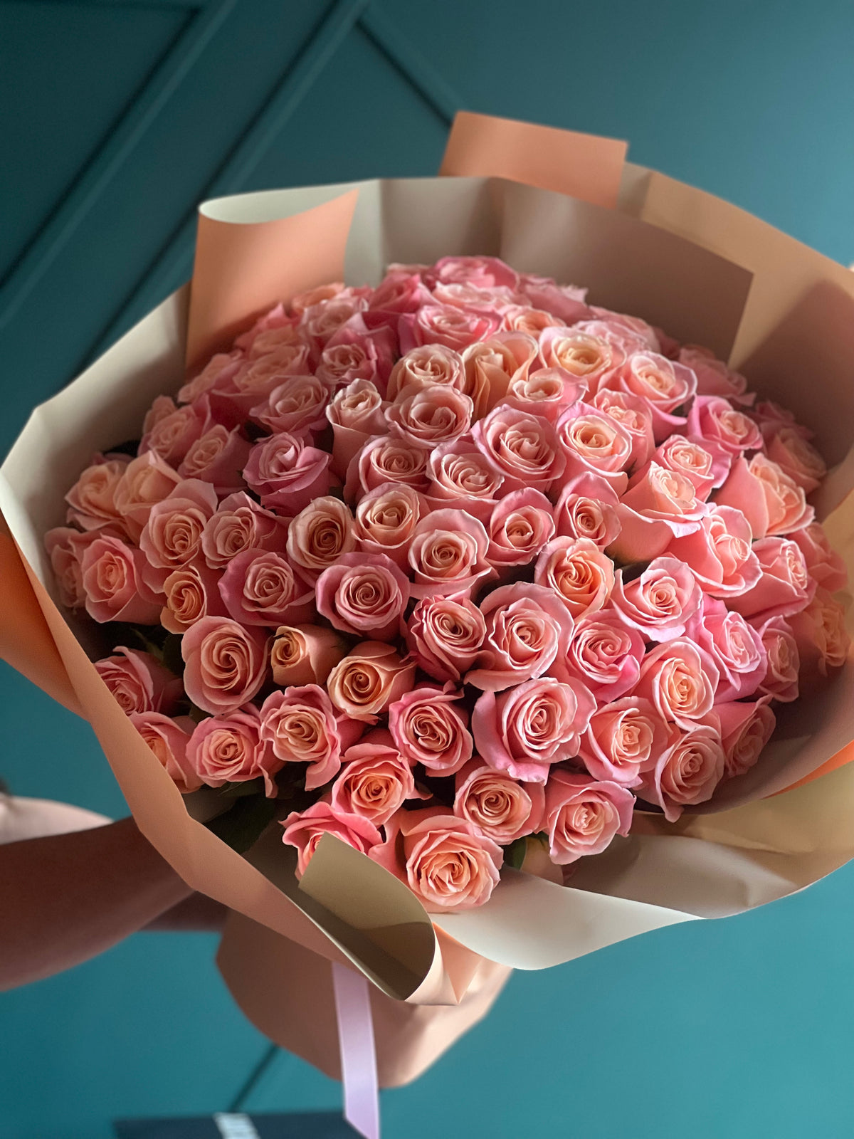 100 pink roses bouquet handcrafted by Luxury Flowers Miami