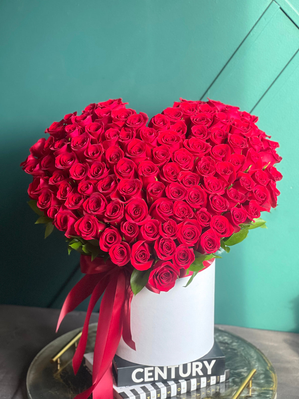 100 premium red roses heart design in white flower box