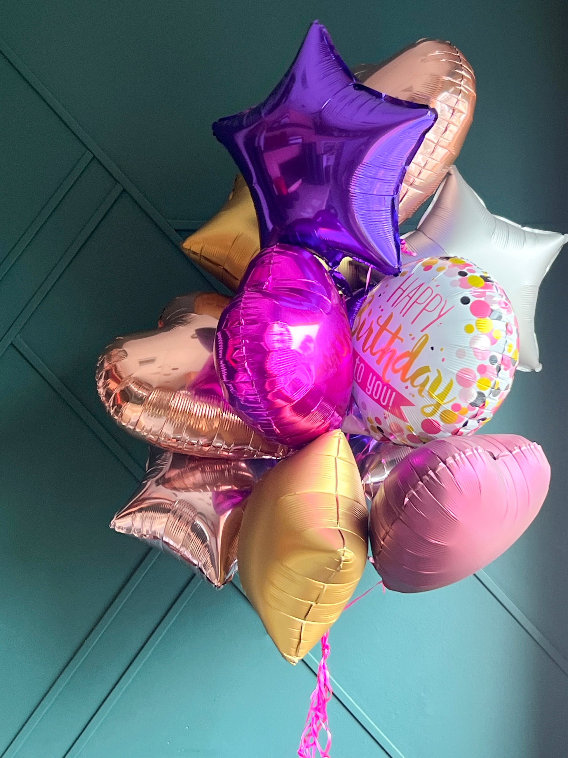 12 assorted balloons in pink purple gold and blush tones