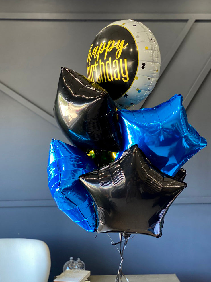 12 balloons bouquet in black gold and royal blue for birthdays