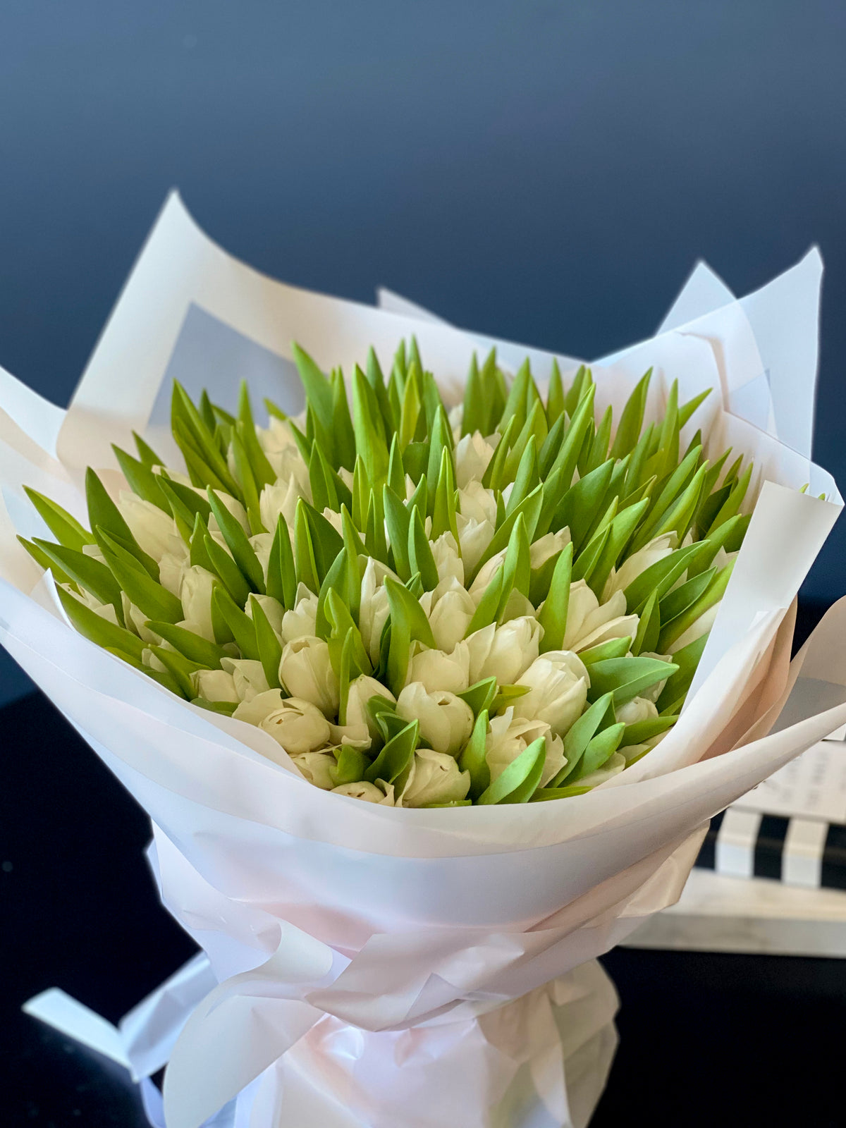 150 white tulips with elegant luxury wrapping