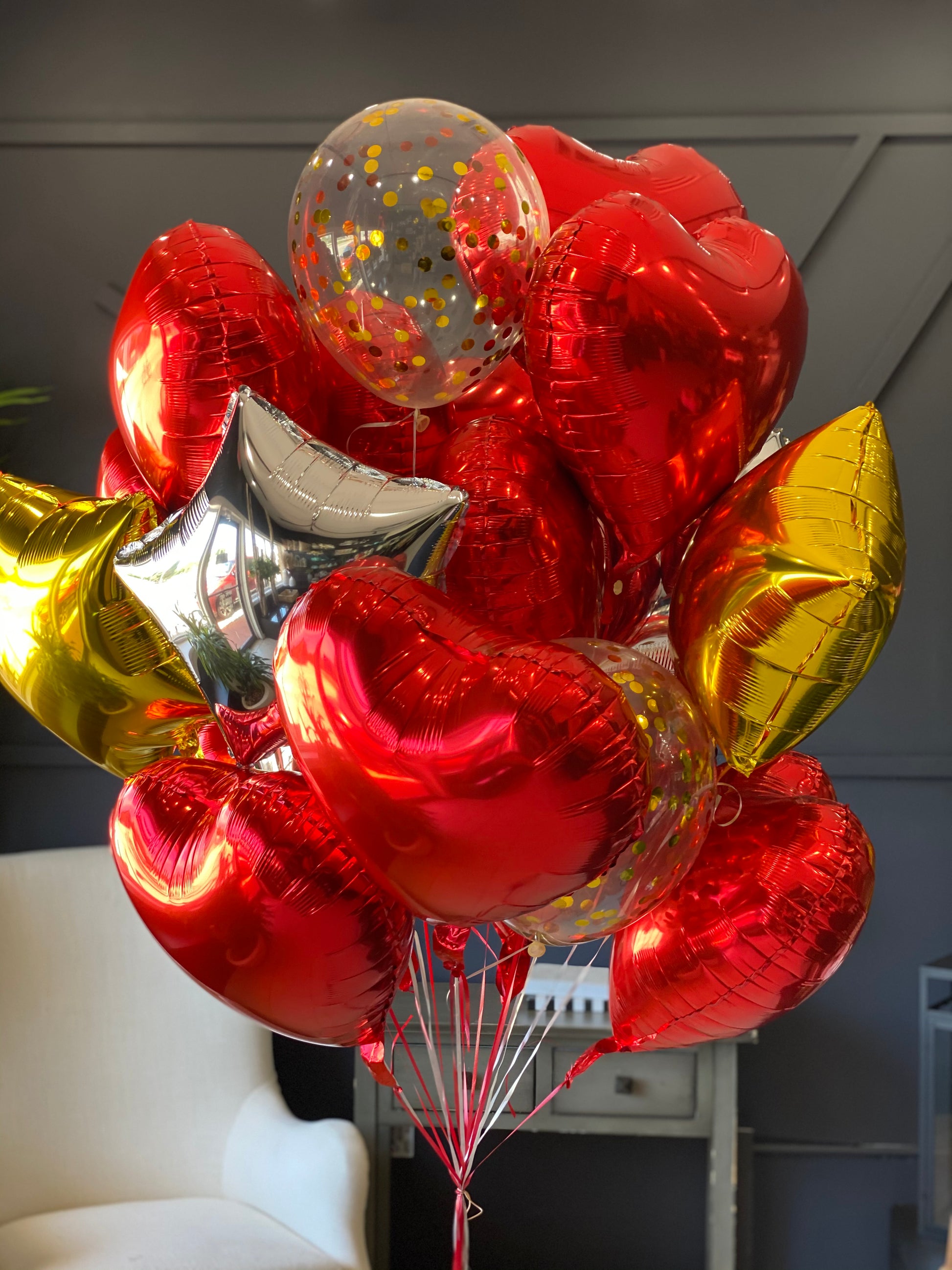 2 dozen red, gold, silver and clear foil and latex balloon bouquet by Luxury Flowers Miami