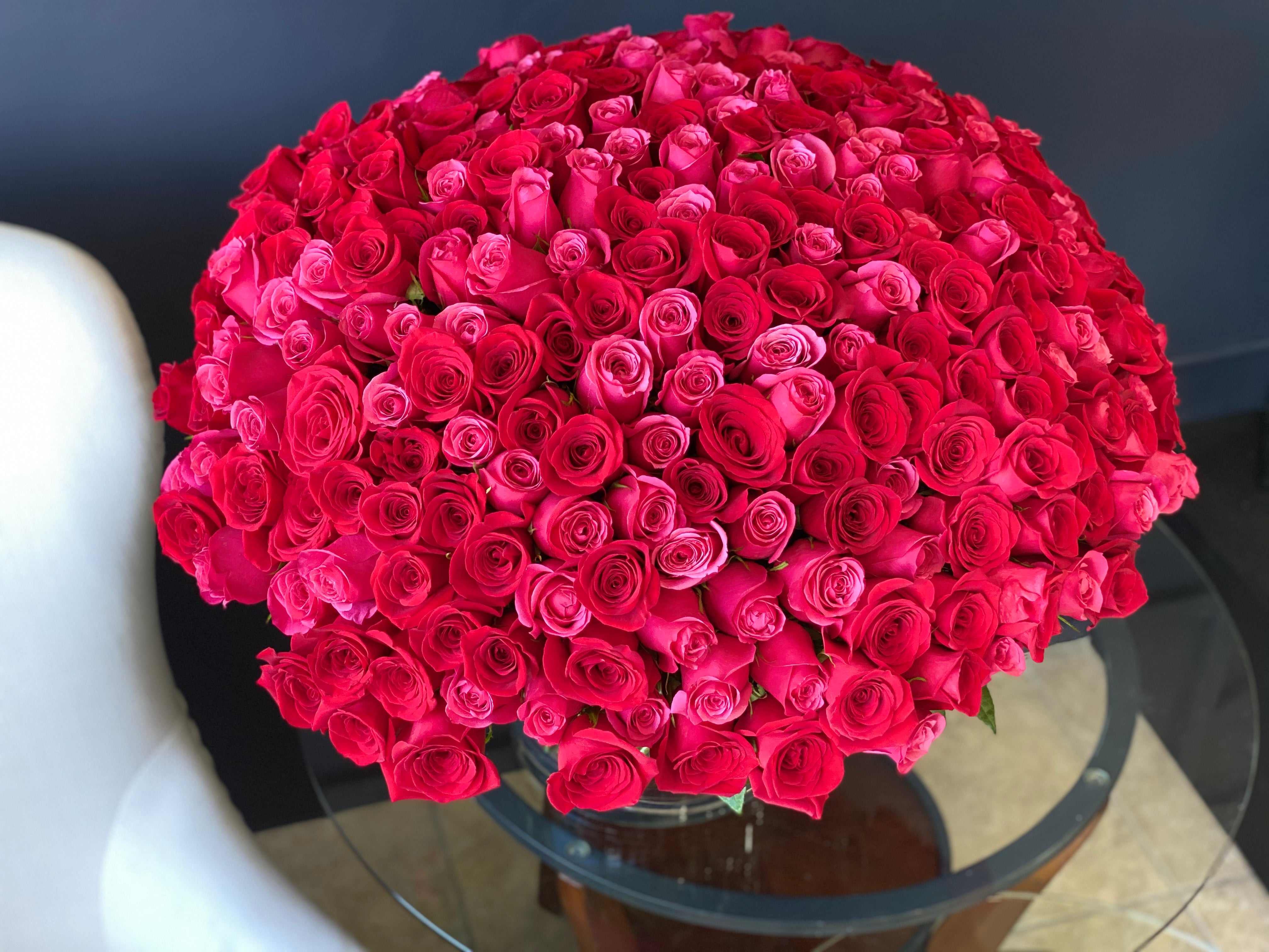 300 red and hot pink roses in a vase Miami