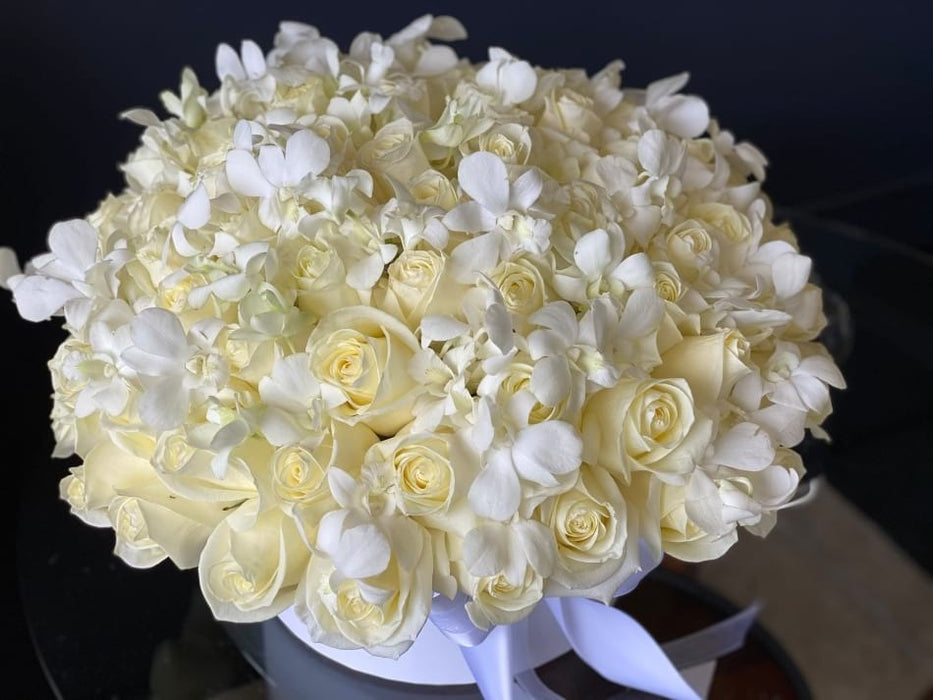 White Romance - White Roses & Orchids Arrangement In Box