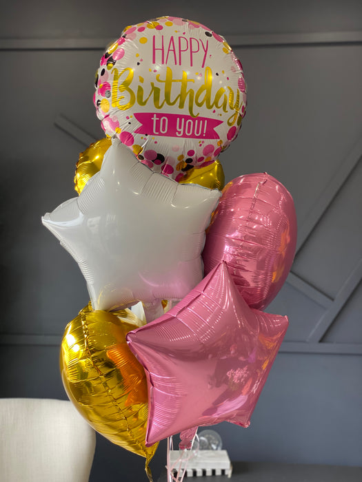 Gold, Pink and White Happy Birthday  Balloons
