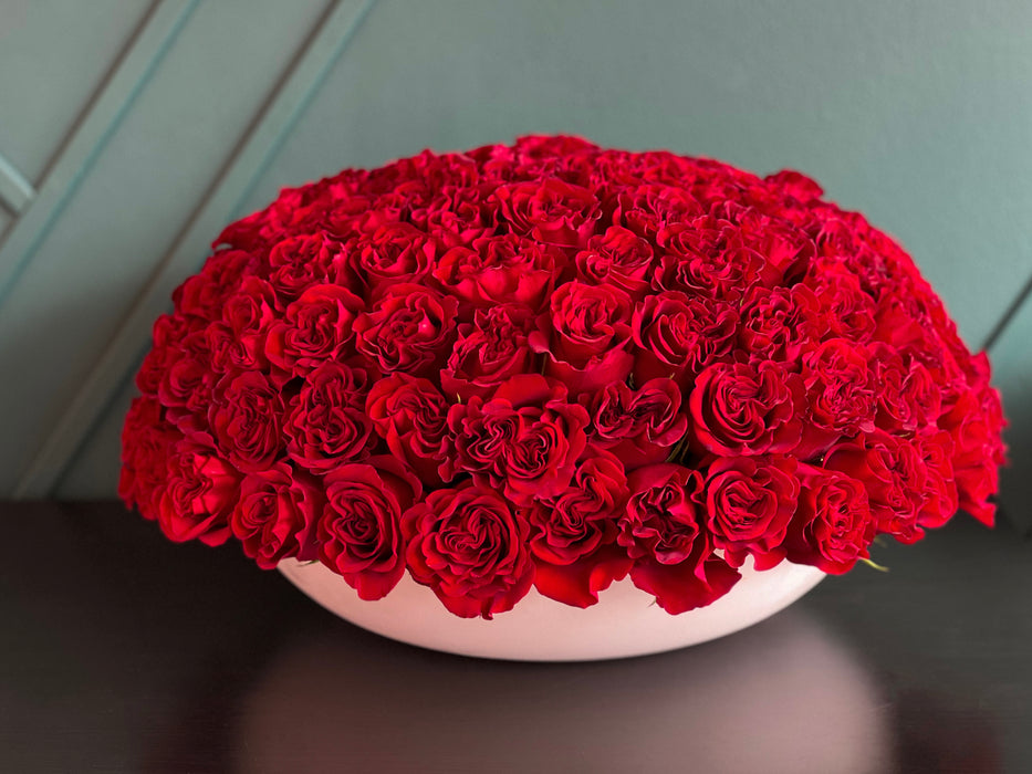 150 Red Roses In A Cement Bowl