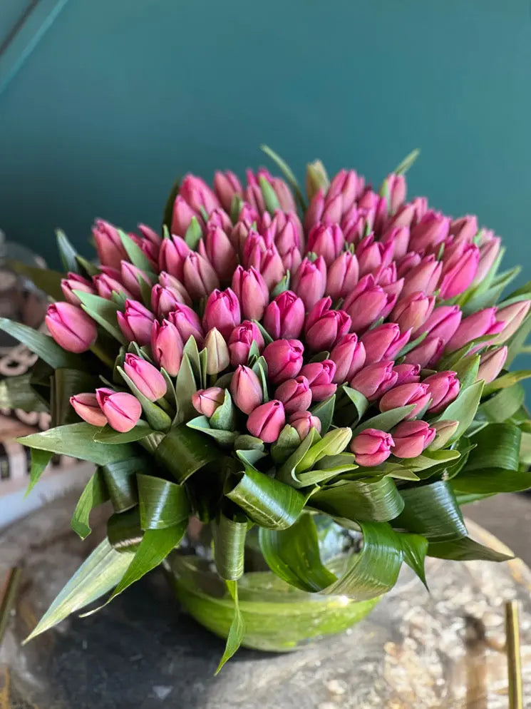 75 Pink Tulips in a Vase | Fresh Tulips Arrangement buy online Luxury Flowers Miami