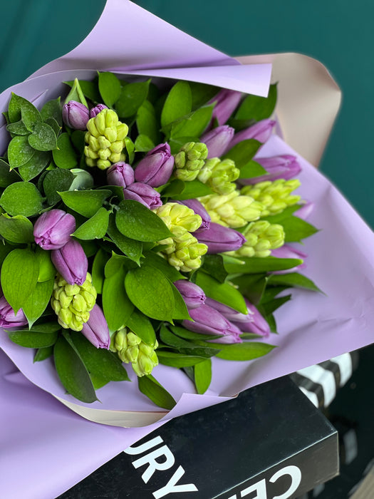 HAND-CRAFTED BOUQUET WITH TULIPS AND HYACINTHS
