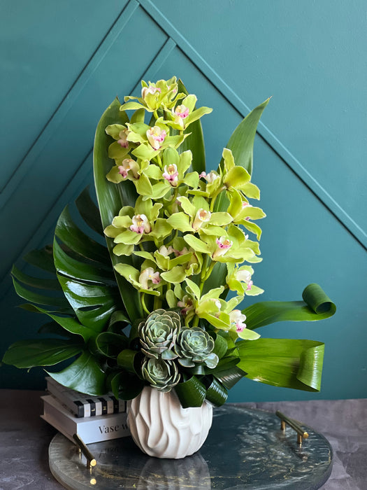 Cymbidium Orchids Design In Ceramic Vase