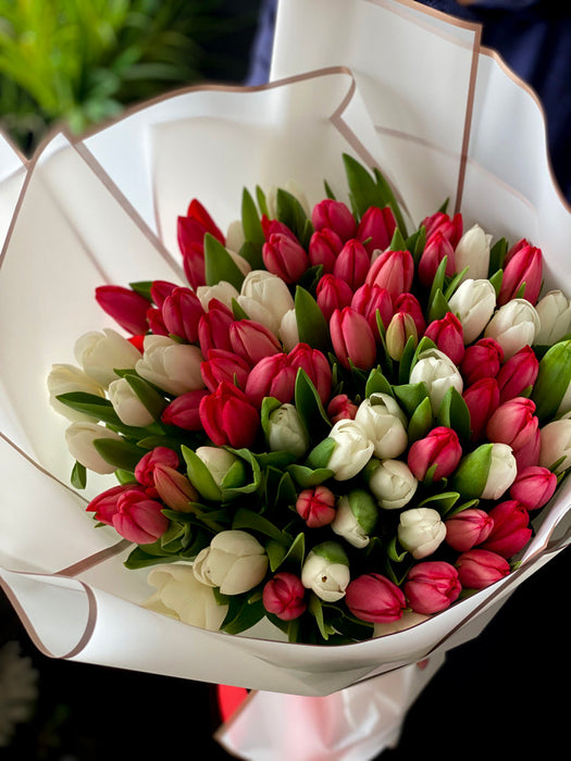 50 White and Red Tulips Hand-Crafted Bouquet