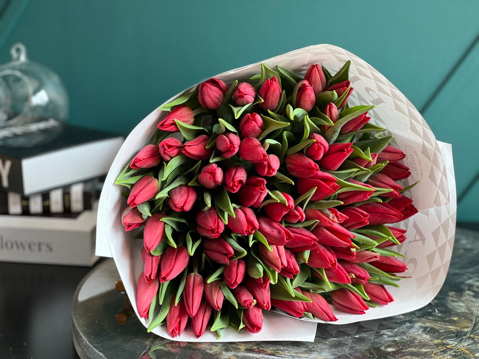 75 Red Tulips Hand-Crafted Bouquet