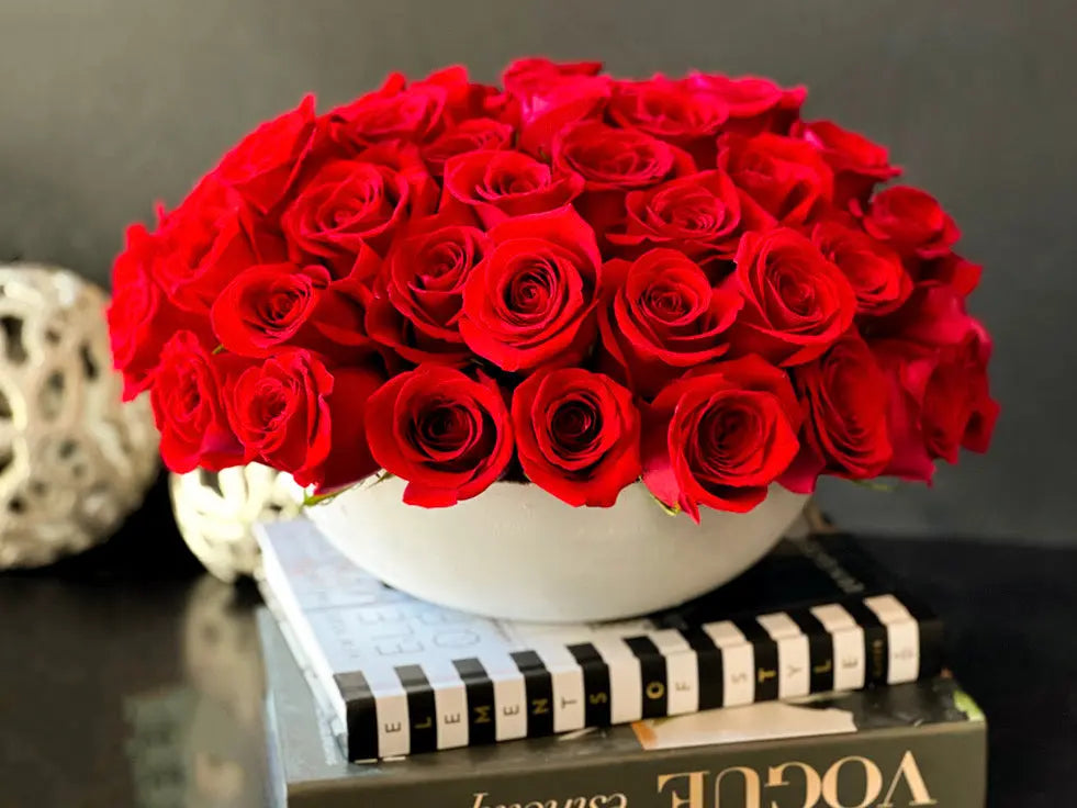 Luxury Red Roses Arrangement in Vase | Classic Rose Dome buy online Luxury Flowers Miami