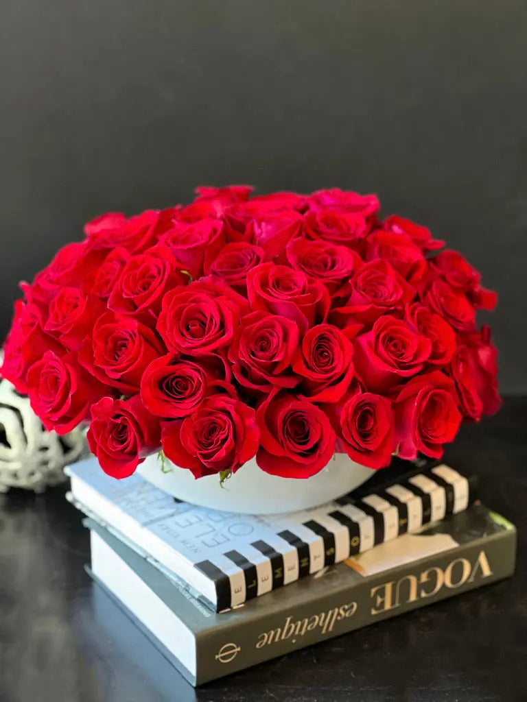 Luxury Red Roses Arrangement in Vase | Classic Rose Dome buy online Luxury Flowers Miami