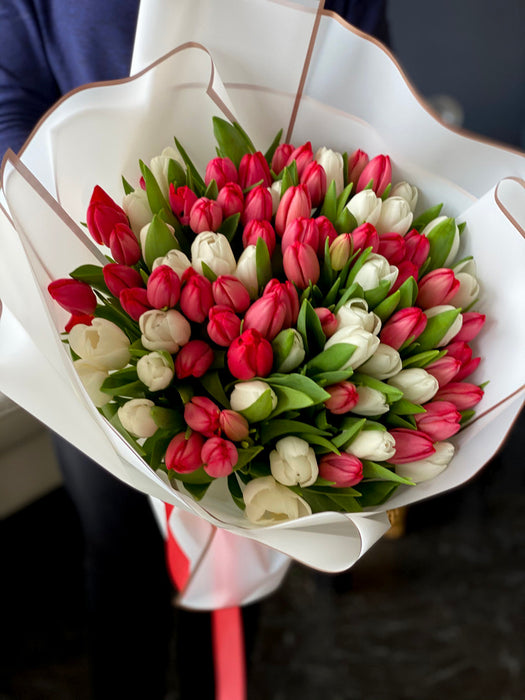 50 White and Red Tulips Hand-Crafted Bouquet
