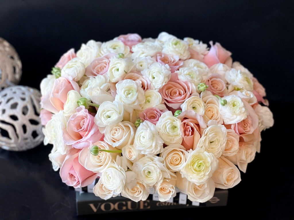 50 Roses & Ranunculus Arrangement in cement bowl
