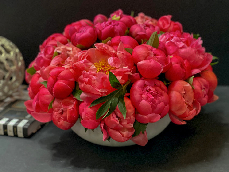 50 fresh coral peonies in a vase