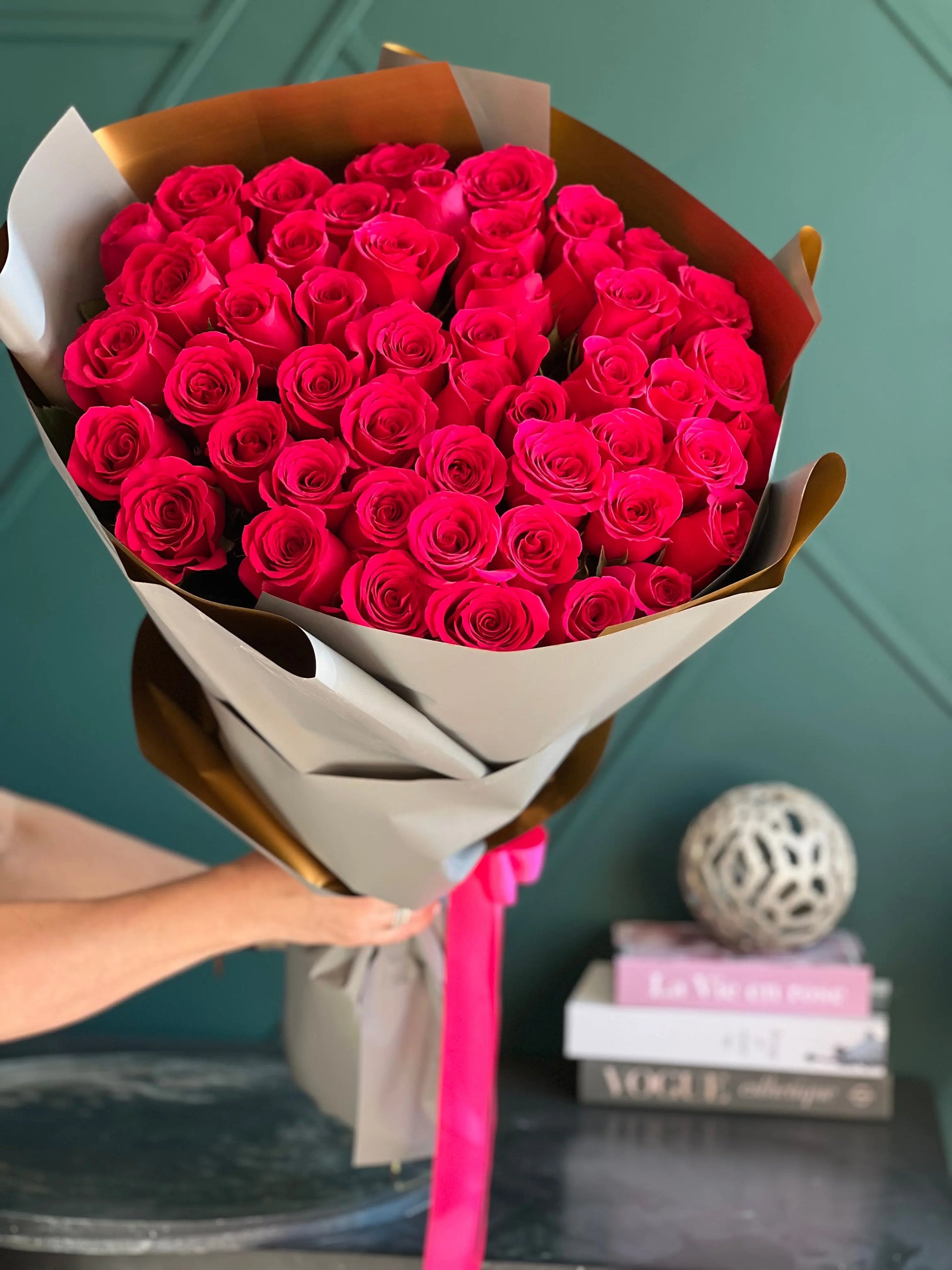 50 hot pink roses bouquet Miami luxury flower delivery