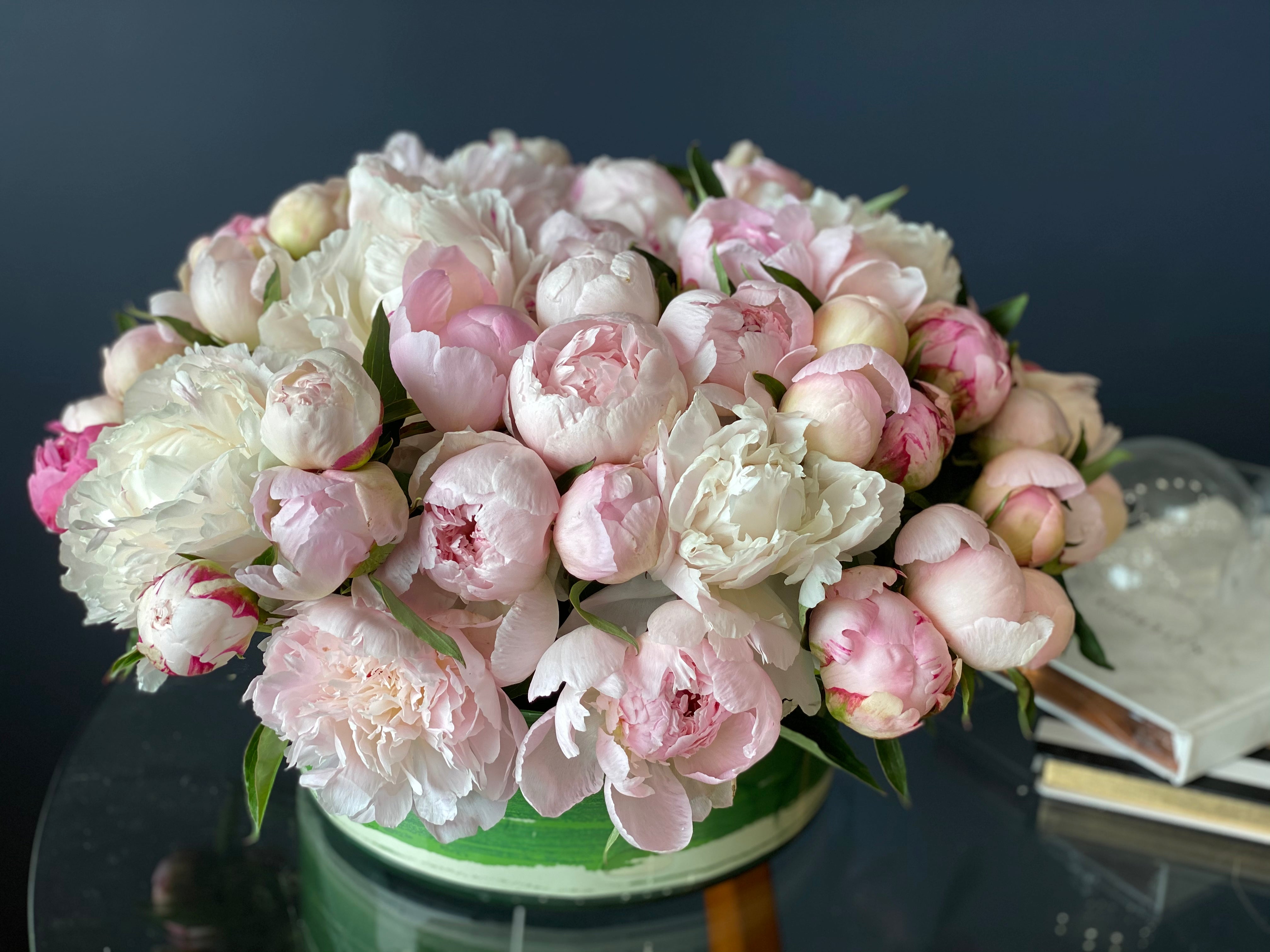 50 peonies in luxury low glass vase arrangement Miami