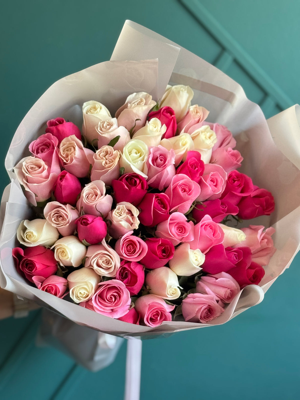 50 roses bouquet in romantic pink and white colors