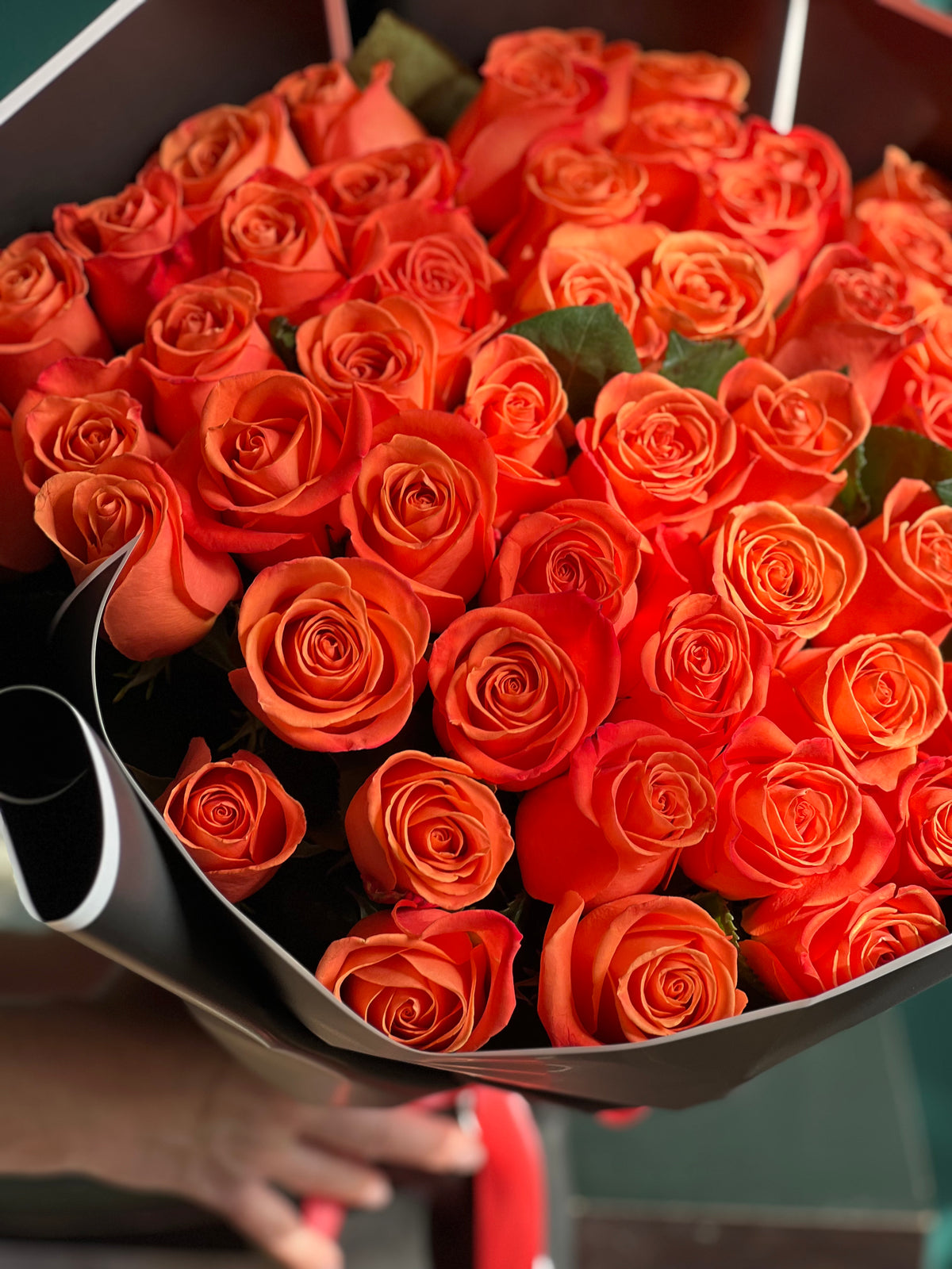 50 vibrant orange roses with elegant dark wrapping