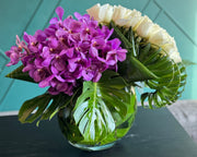 50 white roses and Mokara orchids luxury arrangement in Miami