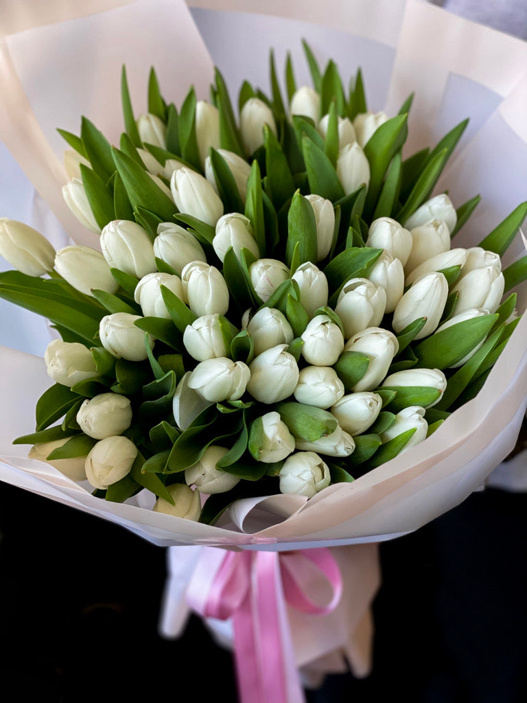 50 white tulips bouquet handcrafted in Miami