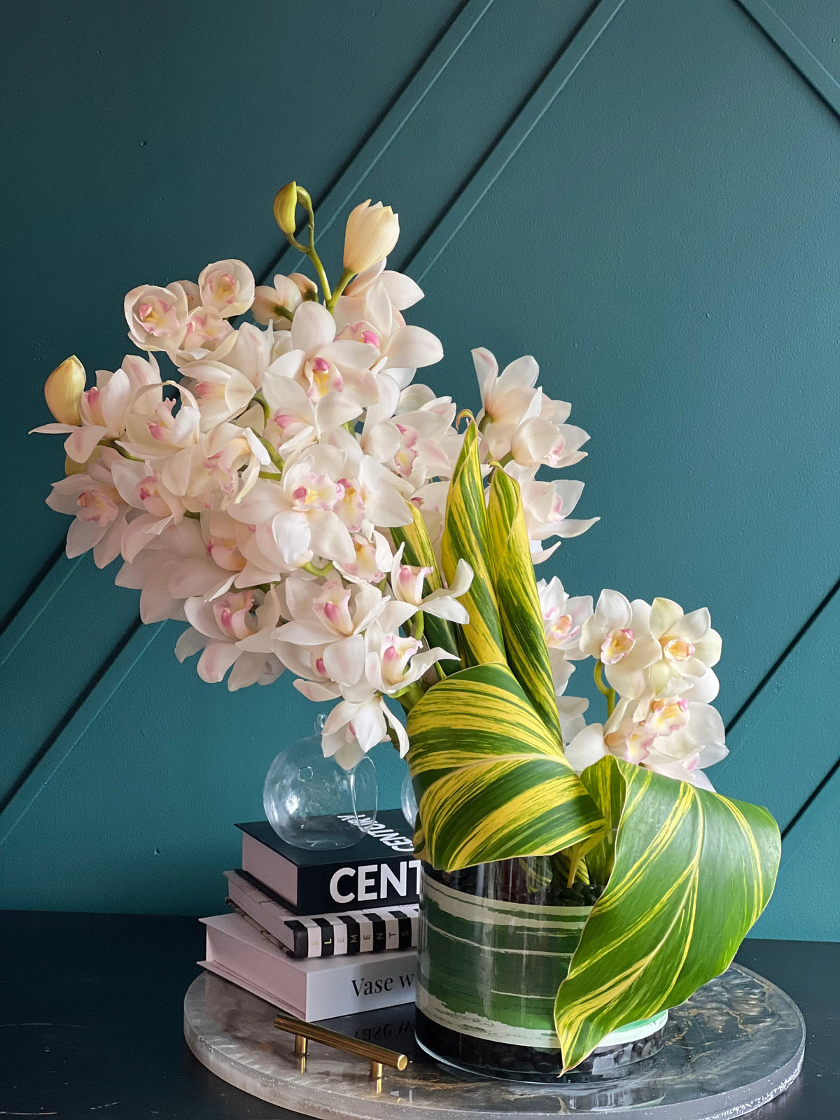 5 stem cymbidium orchid arrangement in glass vase Miami