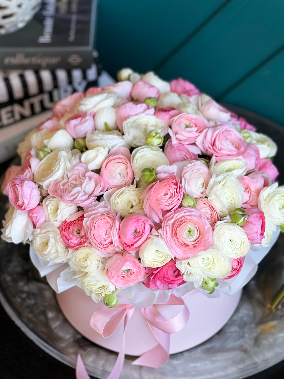 60 to 70 pink and white ranunculus flower arrangement