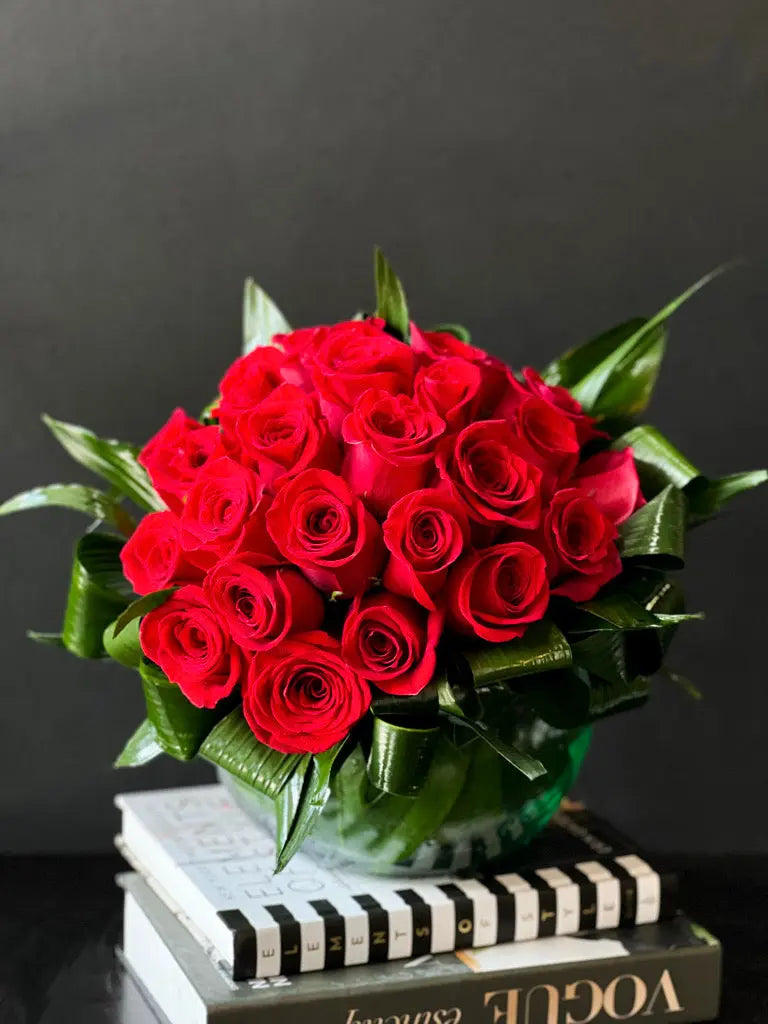 Two Dozen Red Roses in Vase | Luxury Rose Arrangement buy online Luxury Flowers Miami