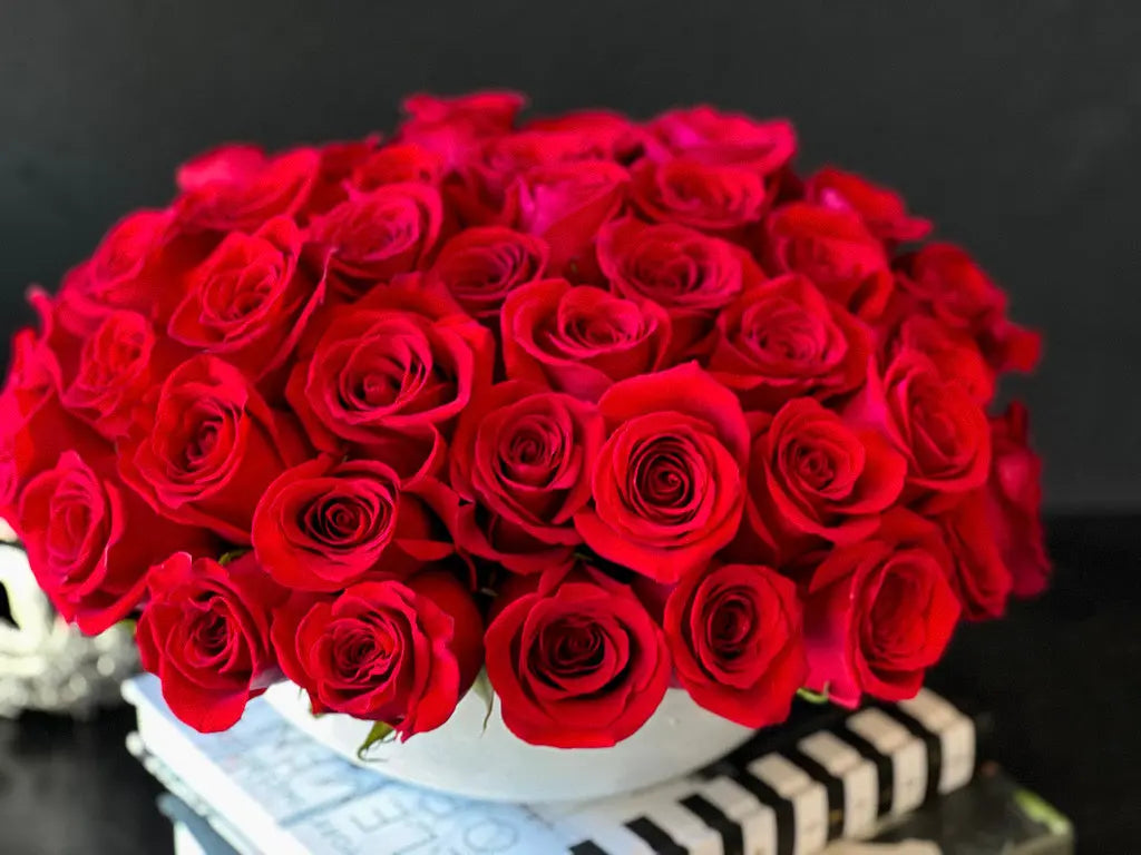 Luxury Red Roses Arrangement in Vase | Classic Rose Dome buy online Luxury Flowers Miami
