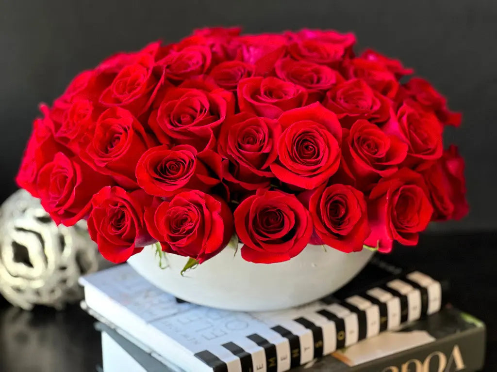 Luxury Red Roses Arrangement in Vase | Classic Rose Dome buy online Luxury Flowers Miami