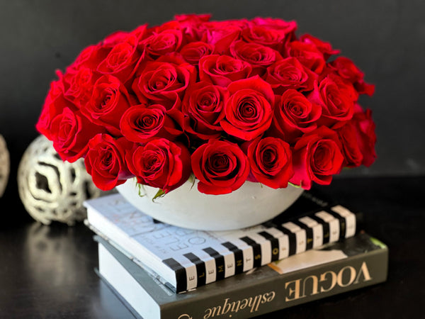 Luxury Red Roses Arrangement in Vase | Classic Rose Dome buy online Luxury Flowers Miami