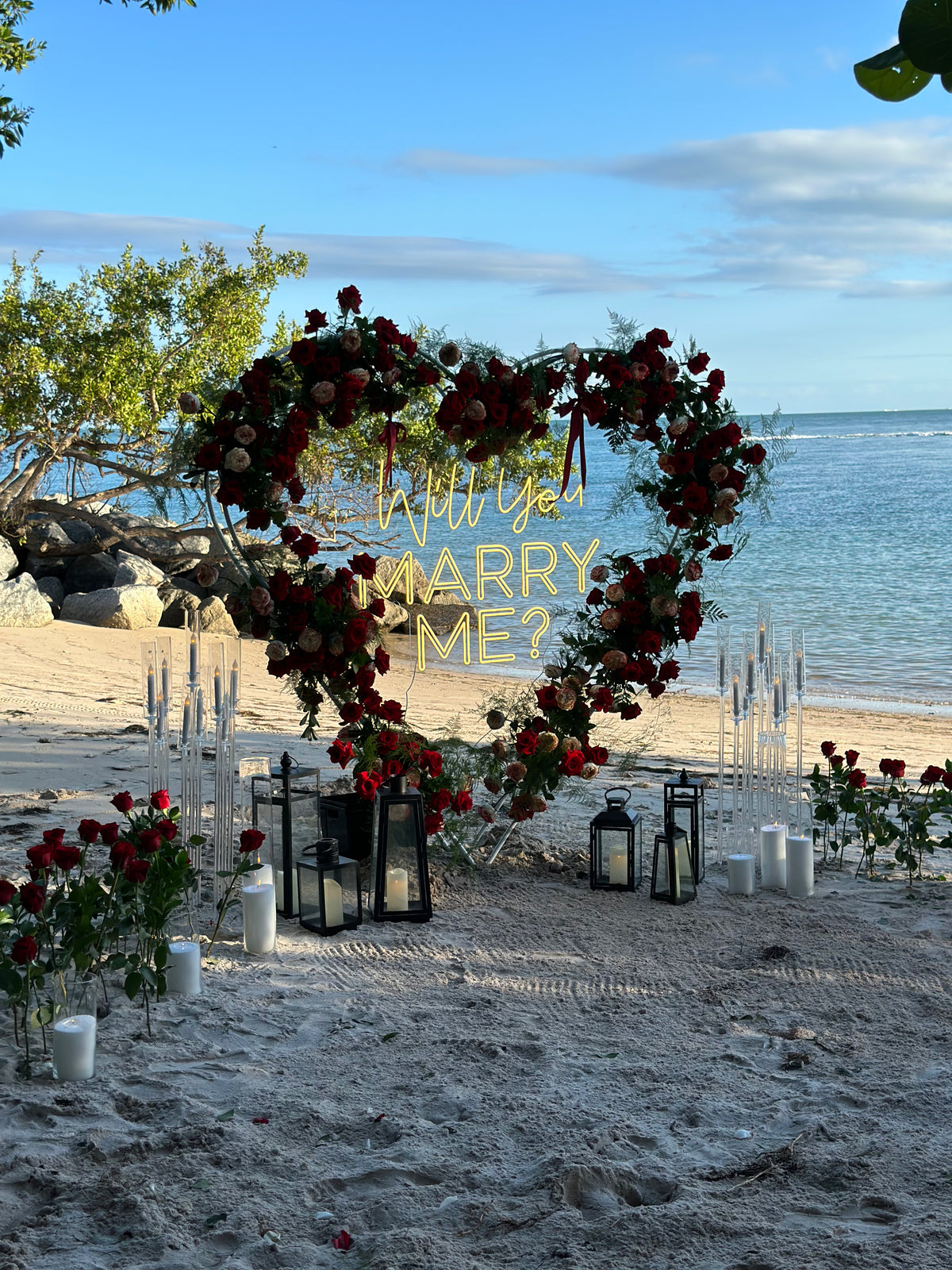 Floral arch for luxury Marry Me proposal in Miami