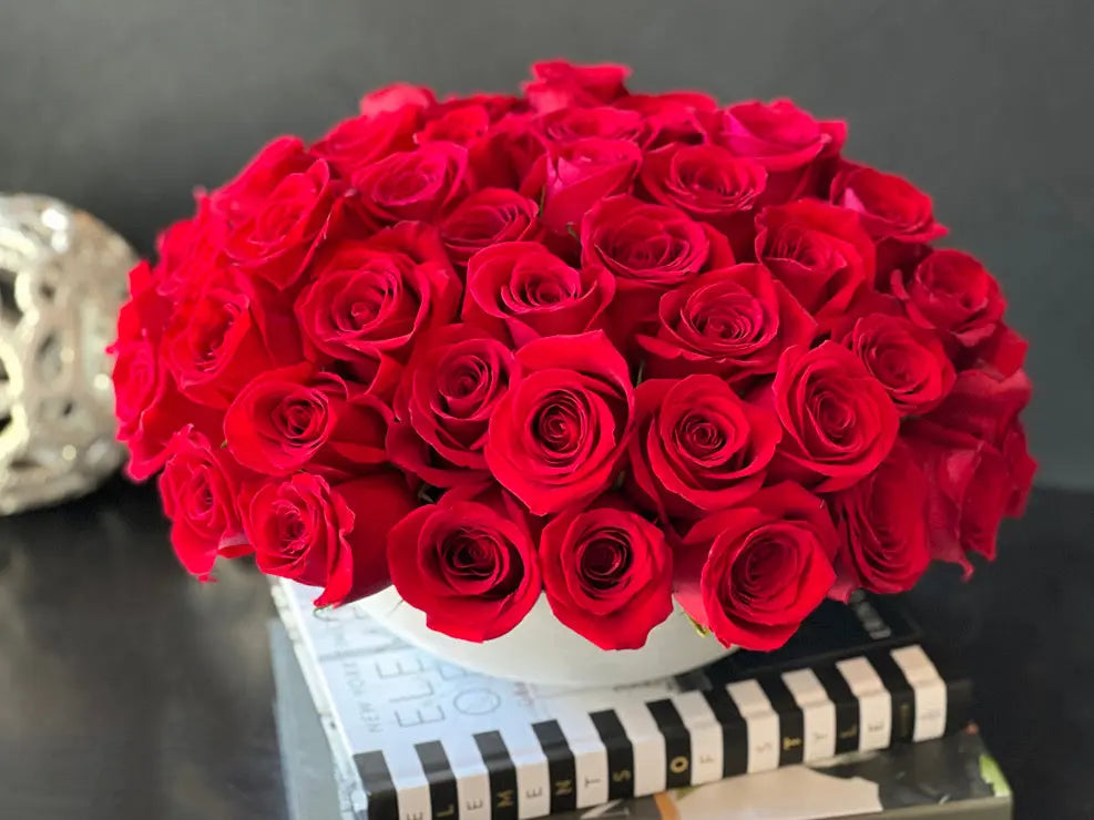 Luxury Red Roses Arrangement in Vase | Classic Rose Dome buy online Luxury Flowers Miami