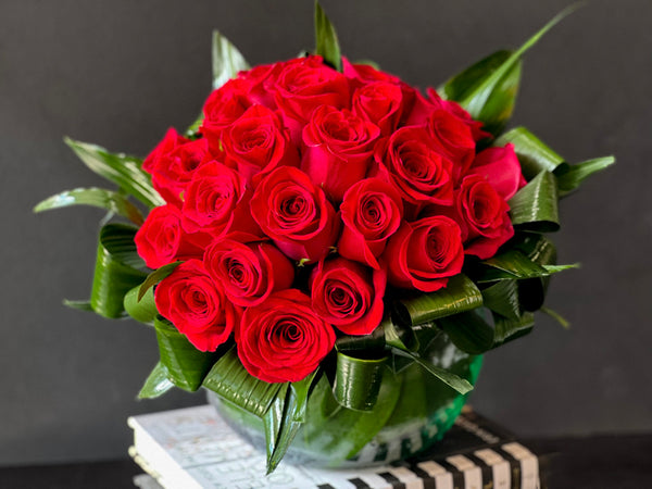 Two Dozen Red Roses in Vase | Luxury Rose Arrangement buy online Luxury Flowers Miami