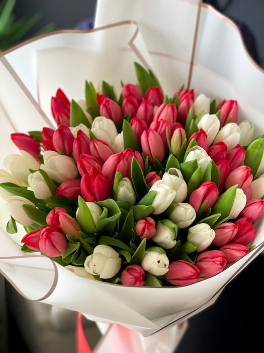 50 White and Red Tulips Hand-Crafted Bouquet
