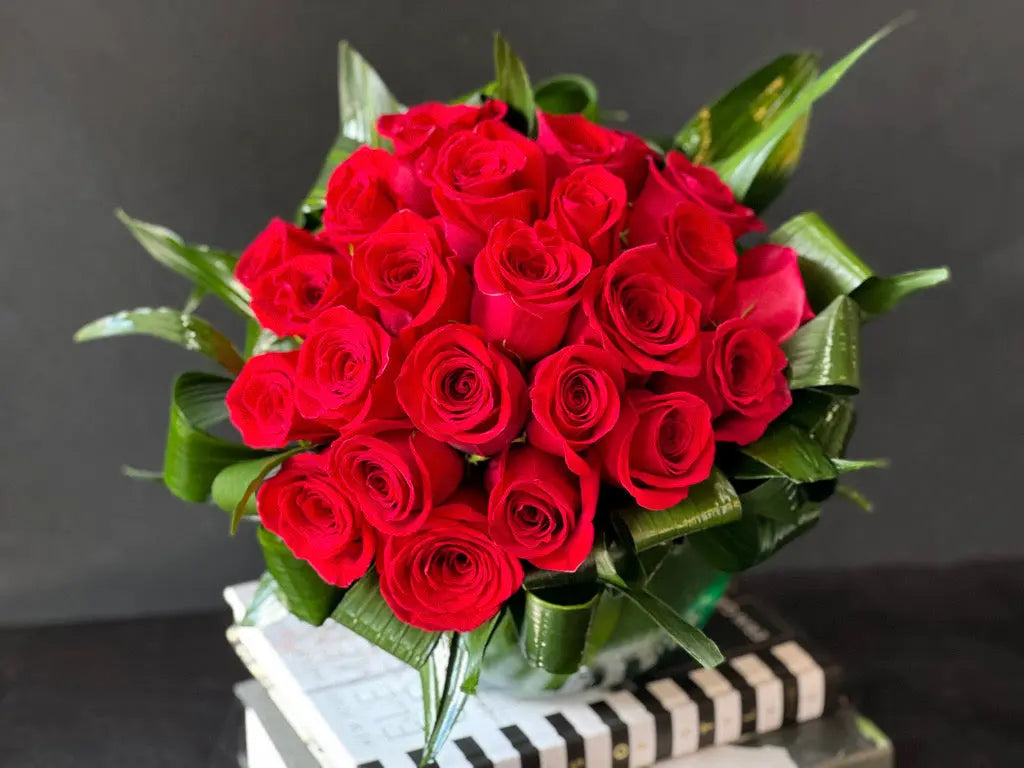 Two Dozen Red Roses in Vase | Luxury Rose Arrangement buy online Luxury Flowers Miami