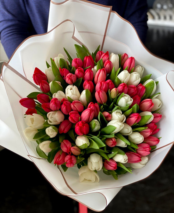 50 White and Red Tulips Hand-Crafted Bouquet