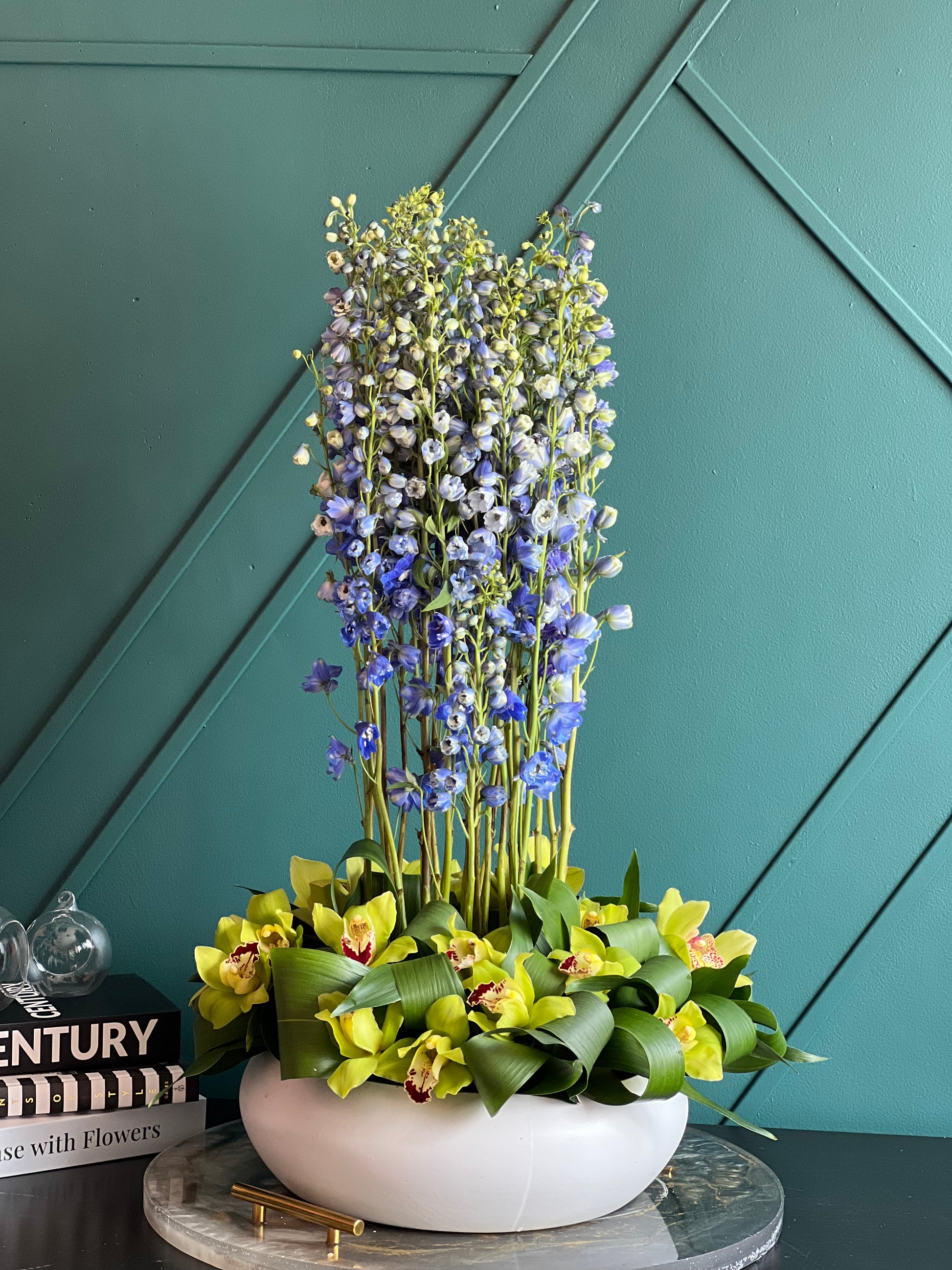 Architectural blue and green flower arrangement Miami