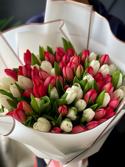 50 White and Red Tulips Hand-Crafted Bouquet