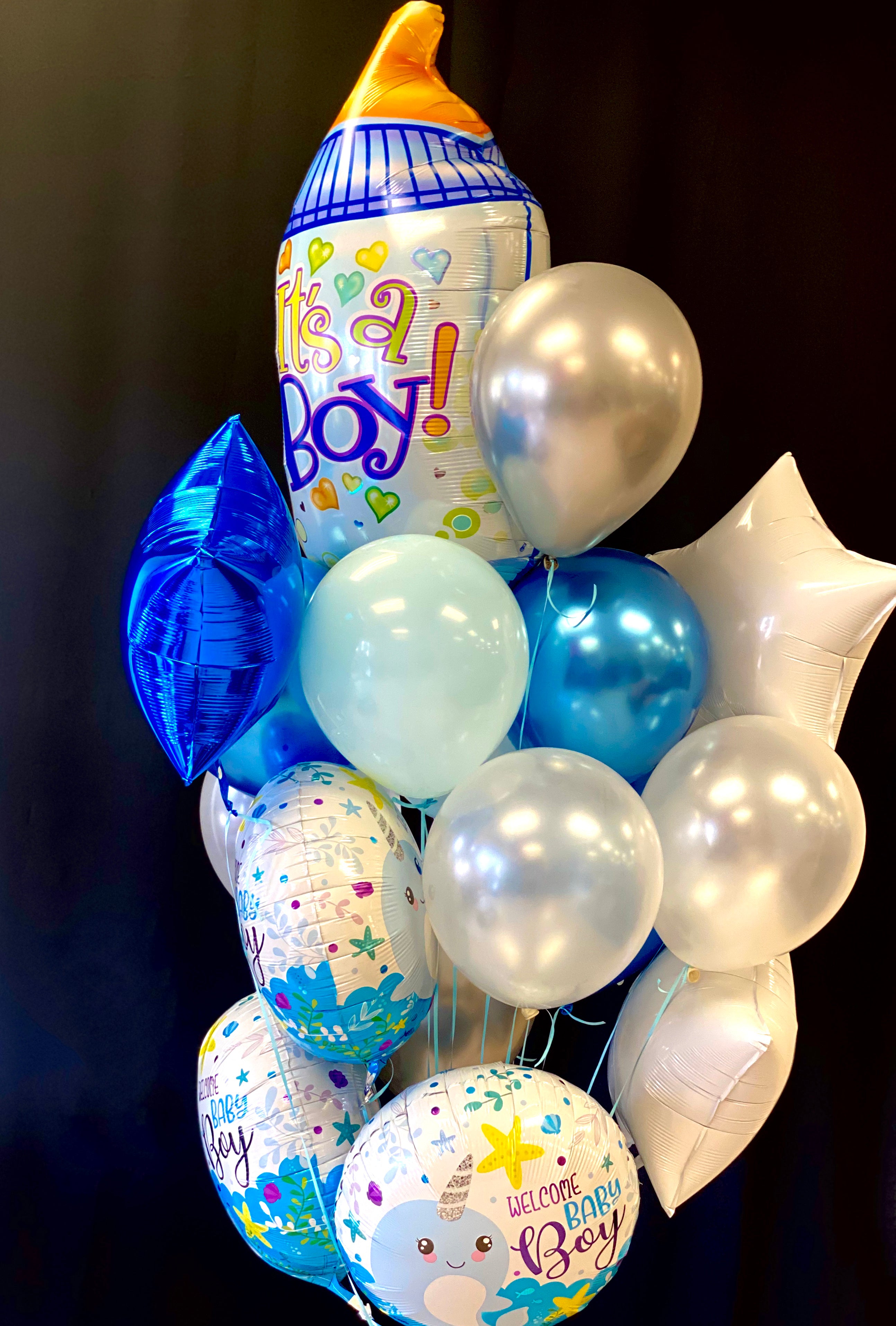 Baby boy balloon bouquet with extra large pacifier balloon for Miami delivery