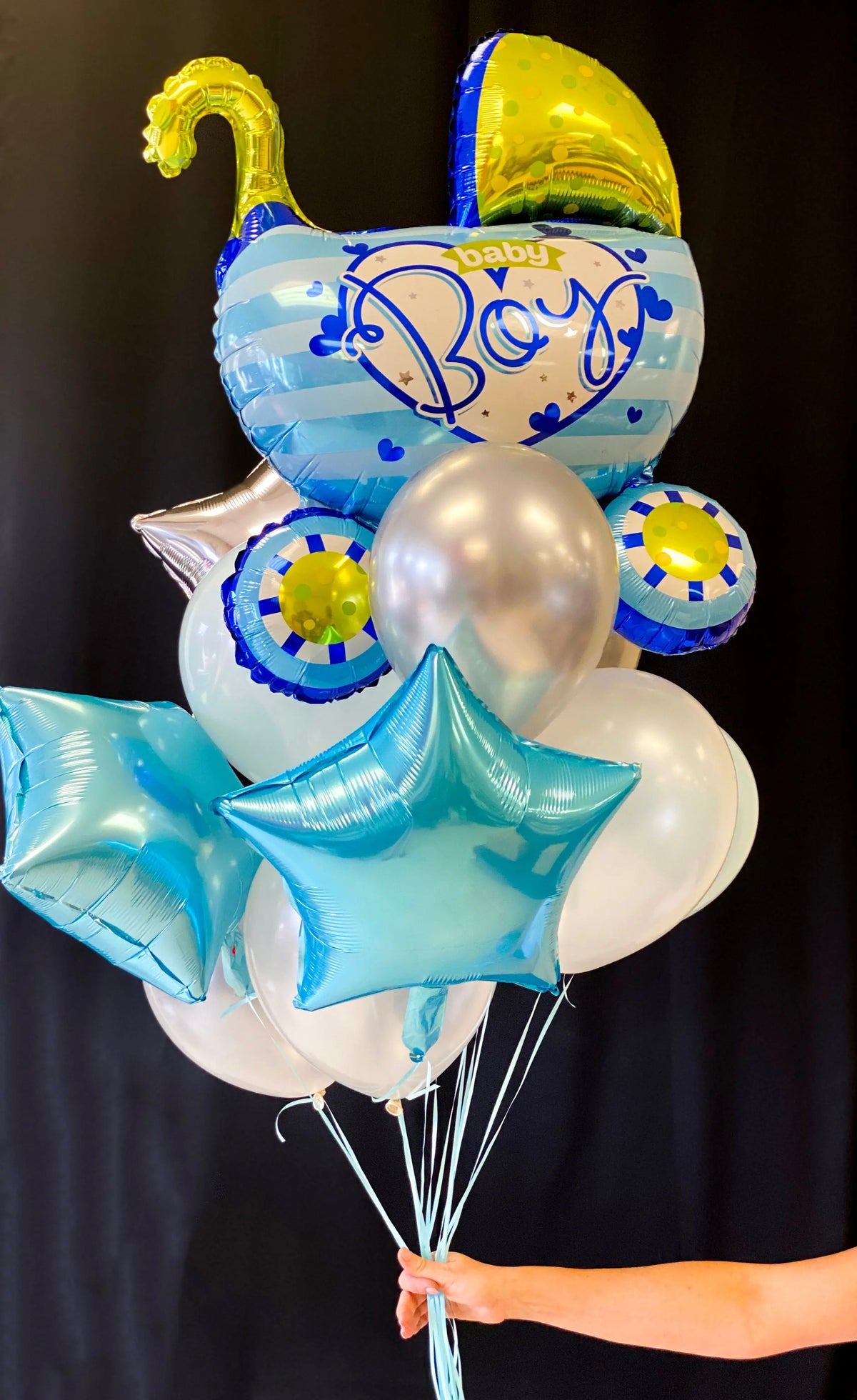 Baby boy balloon bouquet with stroller balloon for delivery in Miami