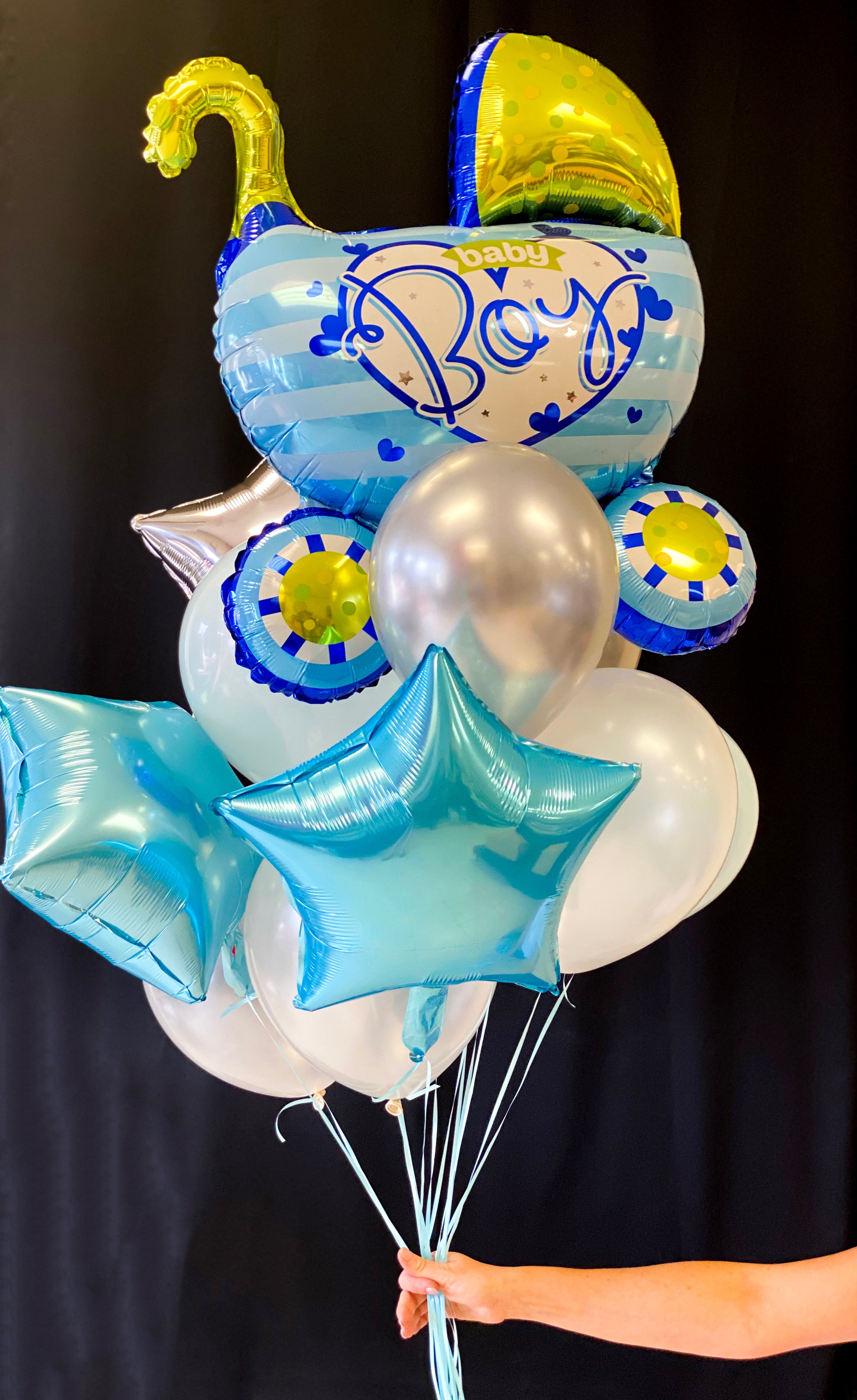 Baby boy balloon bouquet with stroller balloon for delivery in Miami