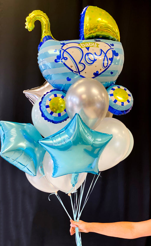 Baby boy balloon bouquet with stroller balloon for delivery in Miami
